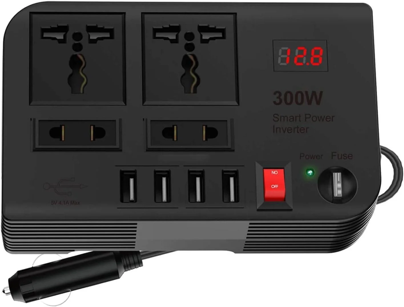 شارژر لپ تاپ خودرو، اینورتر خودرو 300 وات DC 12V به AC 220V، دارای 4 پورت USB شارژ سریع، 2 پریز جهانی، نمایشگر LED چند منظوره، فیوز اضافی، شارژر لپ تاپ جهانی برای خودرو
