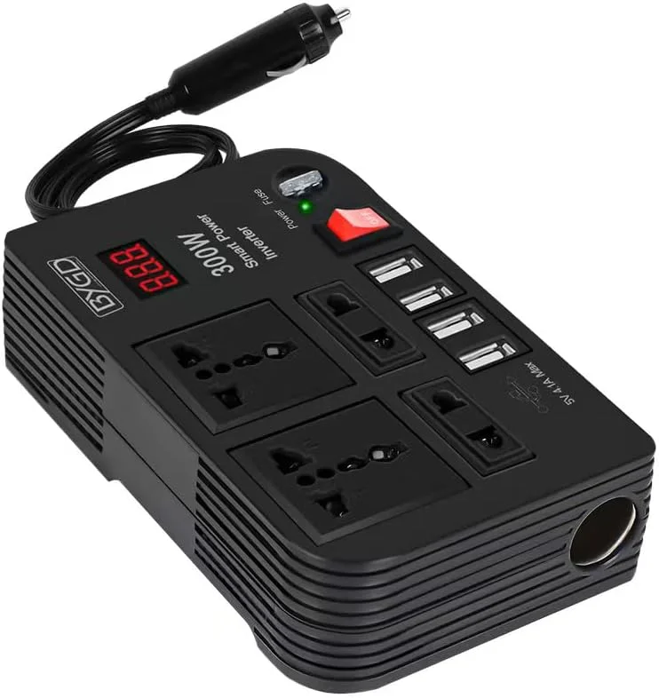 اینورتر برق خودرو Aoktech 300W، مبدل DC 12V به AC 220V با 4 خروجی شارژر و چهار پورت USB 4.1A آداپتور سوکت فندکی