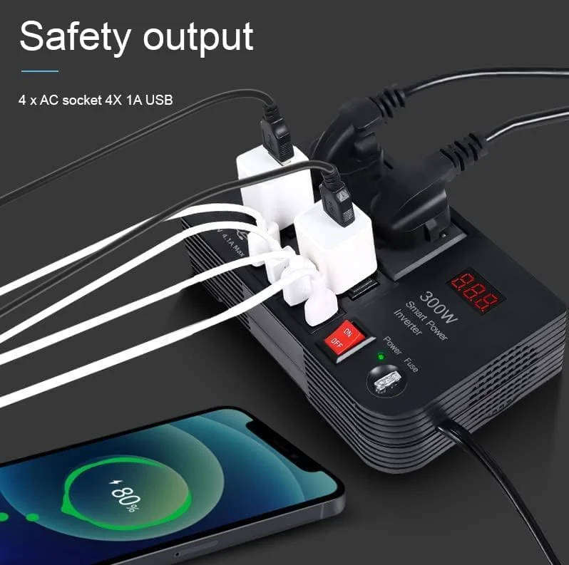 شارژر لپ تاپ خودرو، اینورتر خودرو 300 وات DC 12V به AC 220V، دارای 4 پورت USB شارژ سریع، 2 پریز جهانی، نمایشگر LED چند منظوره، فیوز اضافی، شارژر لپ تاپ جهانی برای خودرو