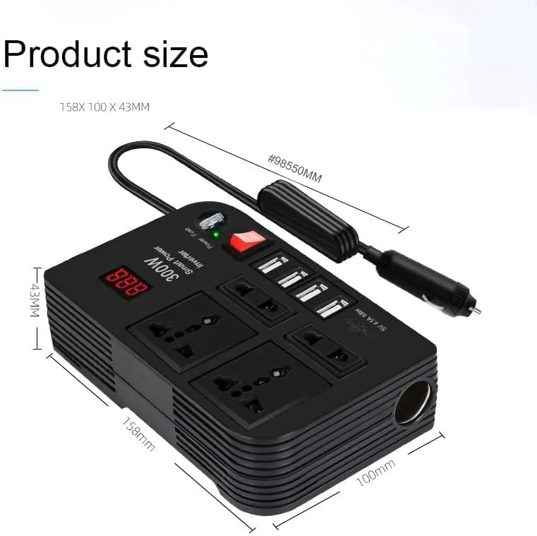 شارژر لپ تاپ خودرو، اینورتر خودرو 300 وات DC 12V به AC 220V، دارای 4 پورت USB شارژ سریع، 2 پریز جهانی، نمایشگر LED چند منظوره، فیوز اضافی، شارژر لپ تاپ جهانی برای خودرو