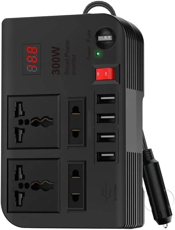 شارژر لپ تاپ خودرو، اینورتر خودرو 300 وات DC 12V به AC 220V، دارای 4 پورت USB شارژ سریع، 2 پریز جهانی، نمایشگر LED چند منظوره، فیوز اضافی، شارژر لپ تاپ جهانی برای خودرو