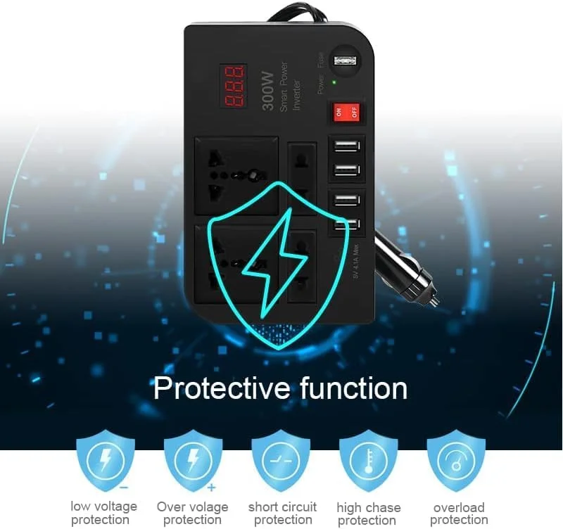 شارژر لپ تاپ خودرو، اینورتر خودرو 300 وات DC 12V به AC 220V، دارای 4 پورت USB شارژ سریع، 2 پریز جهانی، نمایشگر LED چند منظوره، فیوز اضافی، شارژر لپ تاپ جهانی برای خودرو