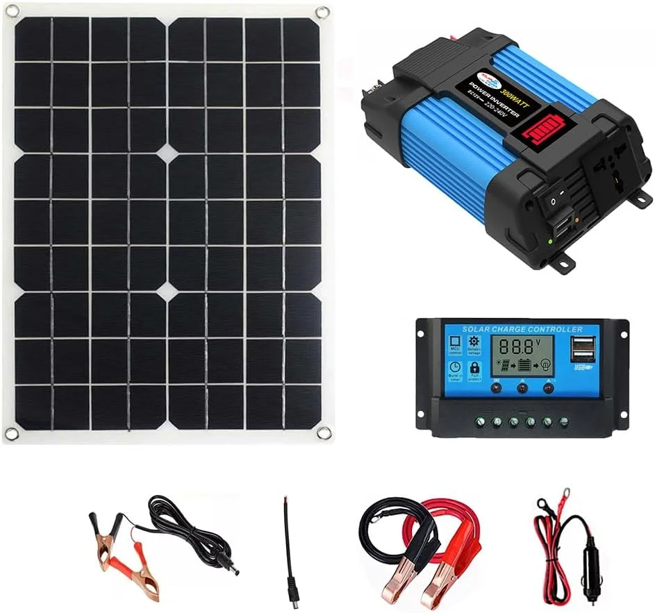 اینورتر موج سینوسی اصلاح شده Fawoonu 300W، مبدل برق خودرو به AC 220V با پنل خورشیدی 18 واتی و کنترلر شارژ خورشیدی 30 آمپری مناسب برای تلفن های همراه، کامپیوترها و لپ تاپ