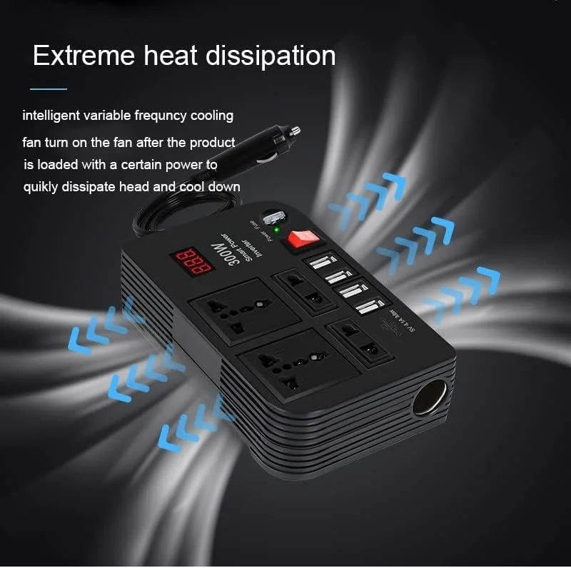 شارژر لپ تاپ خودرو، اینورتر خودرو 300 وات DC 12V به AC 220V، دارای 4 پورت USB شارژ سریع، 2 پریز جهانی، نمایشگر LED چند منظوره، فیوز اضافی، شارژر لپ تاپ جهانی برای خودرو