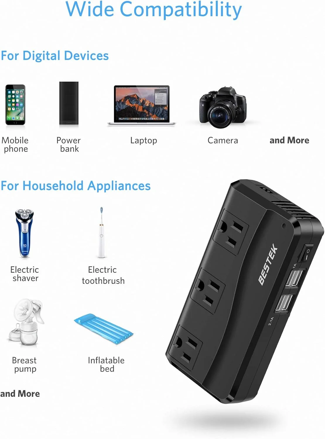اینورتر برق 200 وات BESTEK، مبدل DC 12V به AC 110V با آداپتور USB 4 پورت 4.2 آمپر خودرو (مشکی) اینورتر برق 200 وات BESTEK، مبدل DC 12V به AC 110V با آداپتور USB 4 پورت 4.2 آمپر خودرو (مشکی)