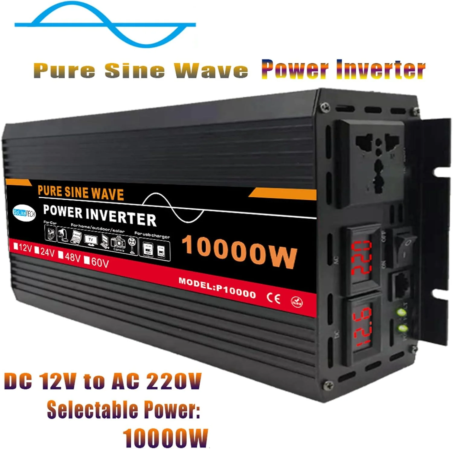اینورتر موج سینوسی خالص UPIKIT 10000W، DC (12/24/48/60V) به AC (110/220V)، نمایشگر دیجیتال دوگانه + 1 سوکت جهانی، سیستم خورشیدی - پنل خورشیدی، برای خانه/فضای باز/RV/کمپینگ، 220V-12V