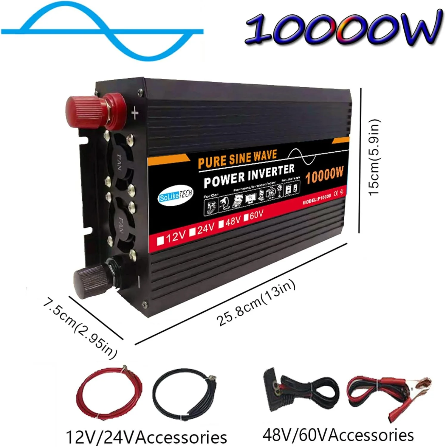 اینورتر موج سینوسی خالص UPIKIT 10000W، DC (12/24/48/60V) به AC (110/220V)، نمایشگر دیجیتال دوگانه + 1 سوکت جهانی، سیستم خورشیدی - پنل خورشیدی، برای خانه/فضای باز/RV/کمپینگ، 220V-12V