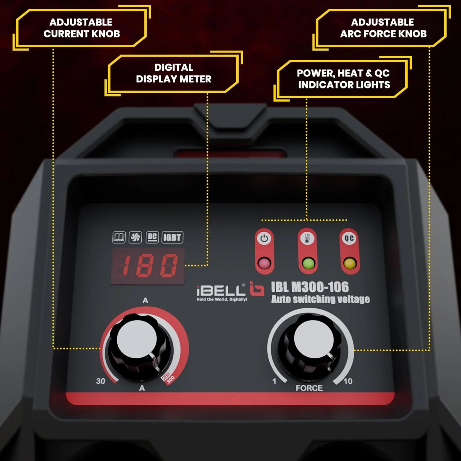 دستگاه جوشکاری اینورتر ARC دو فاز سنگین iBELL (IGBT) 300 آمپر با استارت داغ، عملکردهای ضد چسبندگی، کنترل نیروی قوس دستگاه جوشکاری اینورتر ARC دو فاز سنگین iBELL (IGBT) 300 آمپر با استارت داغ، عملکردهای ضد چسبندگی، کنترل نیروی قوس