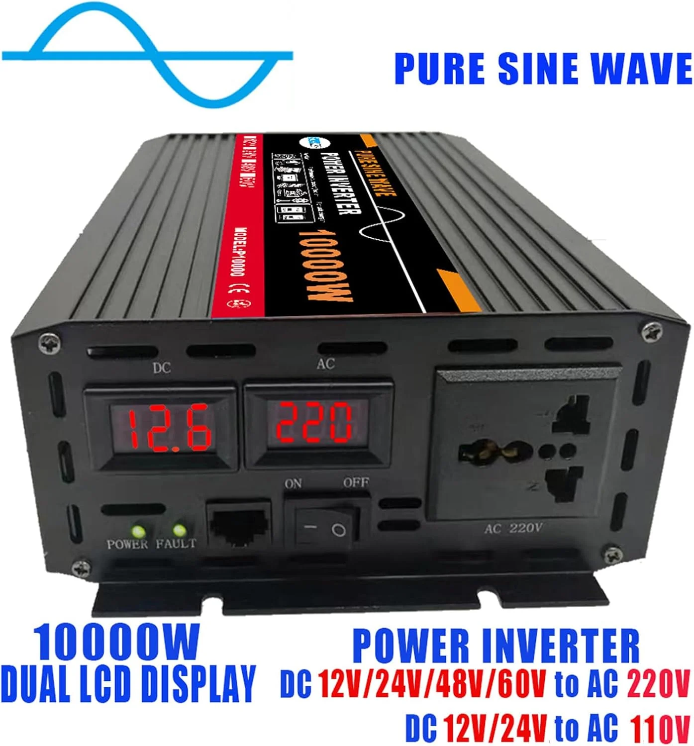 اینورتر موج سینوسی خالص UPIKIT 10000W، DC (12/24/48/60V) به AC (110/220V)، نمایشگر دیجیتال دوگانه + 1 سوکت جهانی، سیستم خورشیدی - پنل خورشیدی، برای خانه/فضای باز/RV/کمپینگ، 220V-12V