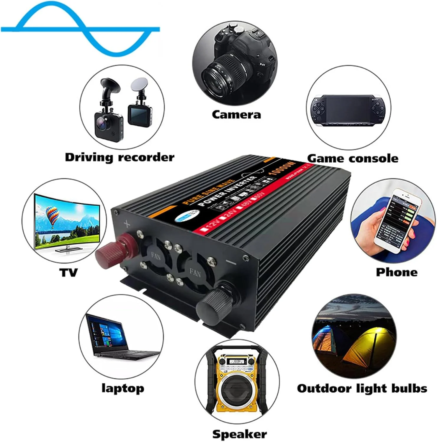 اینورتر موج سینوسی خالص UPIKIT 10000W، DC (12/24/48/60V) به AC (110/220V)، نمایشگر دیجیتال دوگانه + 1 سوکت جهانی، سیستم خورشیدی - پنل خورشیدی، برای خانه/فضای باز/RV/کمپینگ، 220V-12V