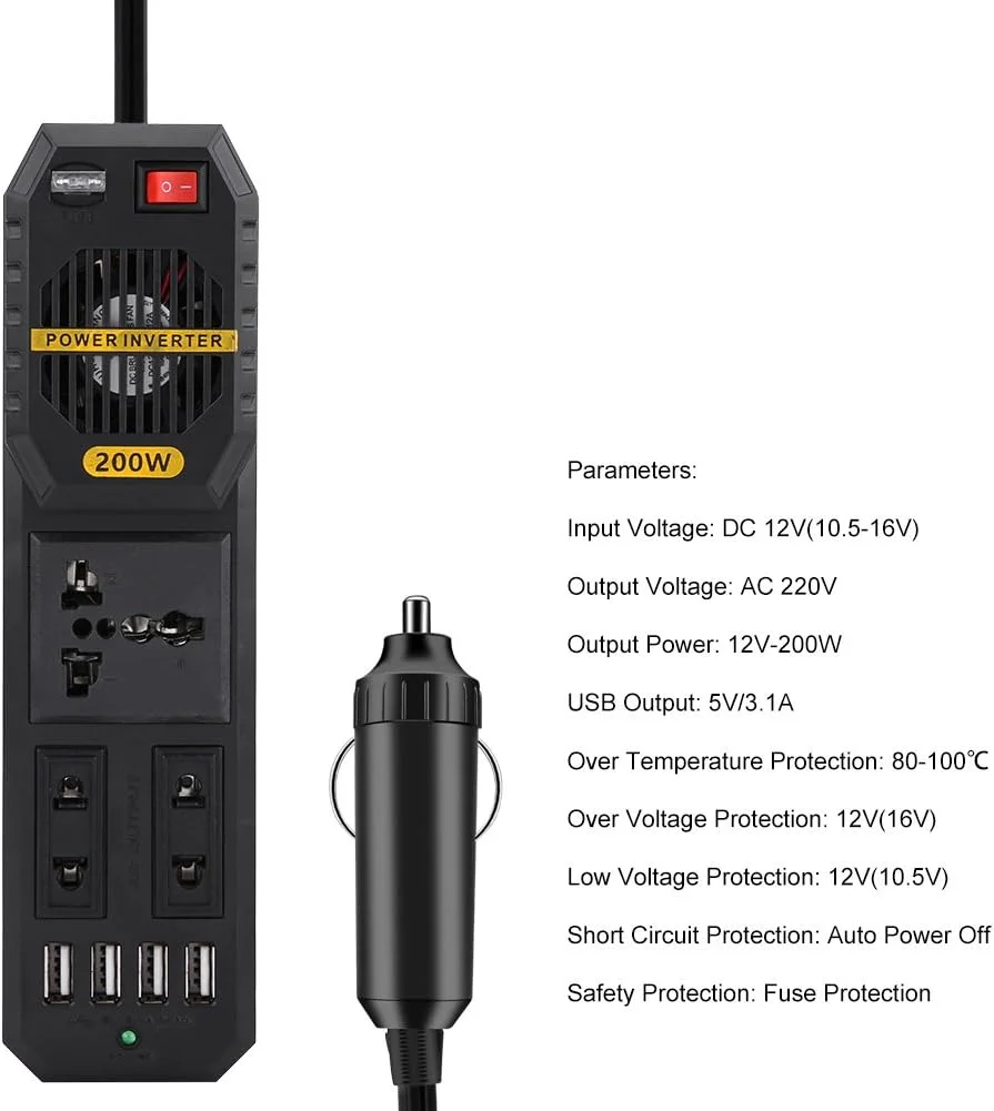 اینورتر برق 200 وات Keenso، اینورتر برق خودرو DC 12V به AC 220V با 4 پورت USB فندکی اینورتر برق 200 وات Keenso، اینورتر برق خودرو DC 12V به AC 220V با 4 پورت USB فندکی