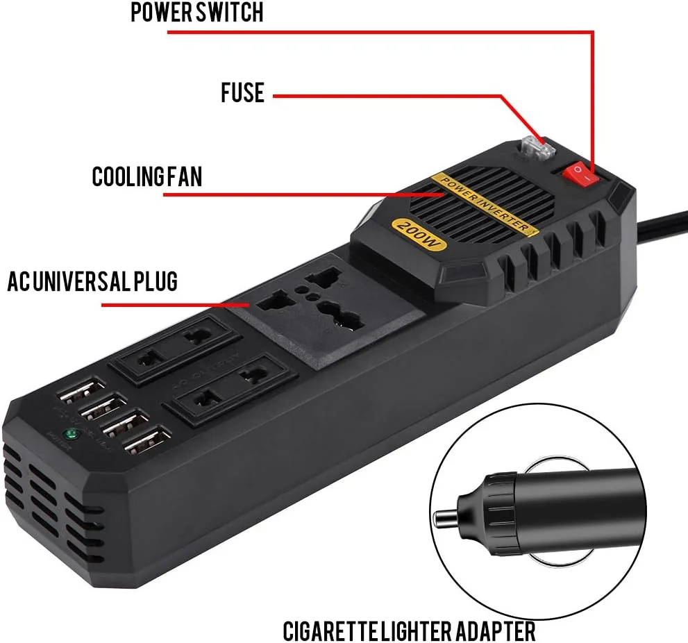 اینورتر برق 200 وات Keenso، اینورتر برق خودرو DC 12V به AC 220V با 4 پورت USB فندکی اینورتر برق 200 وات Keenso، اینورتر برق خودرو DC 12V به AC 220V با 4 پورت USB فندکی