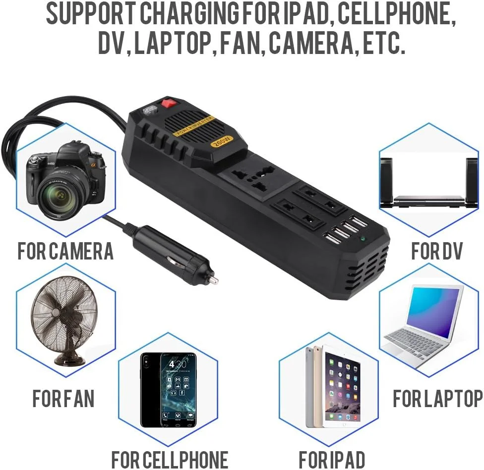 اینورتر برق 200 وات Keenso، اینورتر برق خودرو DC 12V به AC 220V با 4 پورت USB فندکی اینورتر برق 200 وات Keenso، اینورتر برق خودرو DC 12V به AC 220V با 4 پورت USB فندکی