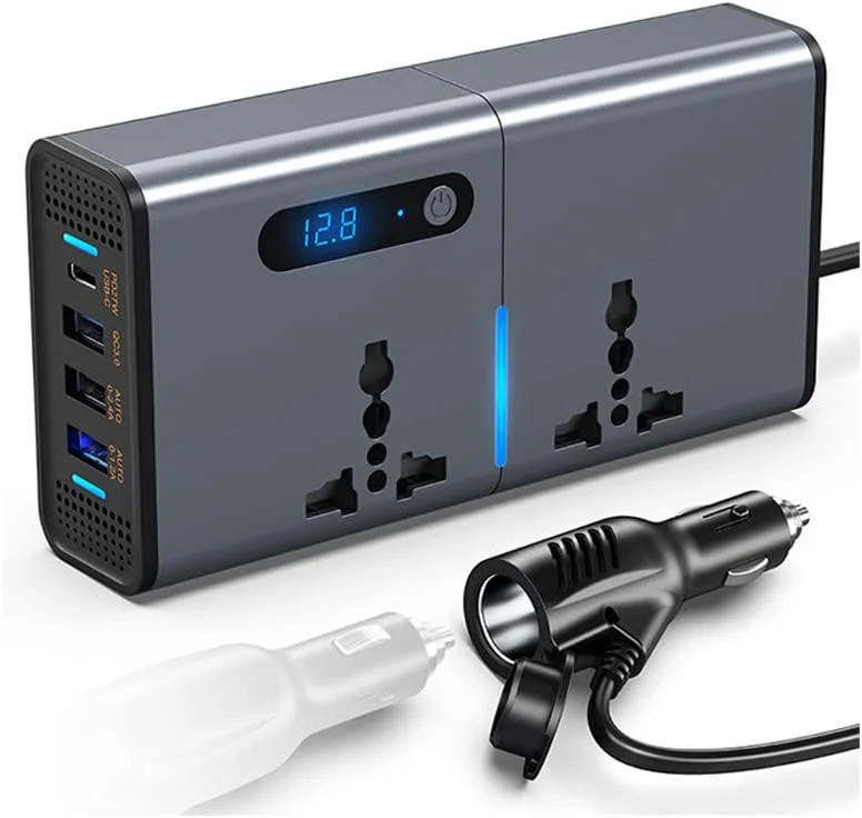 اینورتر برق 200 وات Gwydre، مبدل DC 12/24 ولت به AC 220 ولت، 3 پورت USB و 1 پورت Type-C، دارای کلید و صفحه نمایش LED جریان (خاکستری نقره ای)