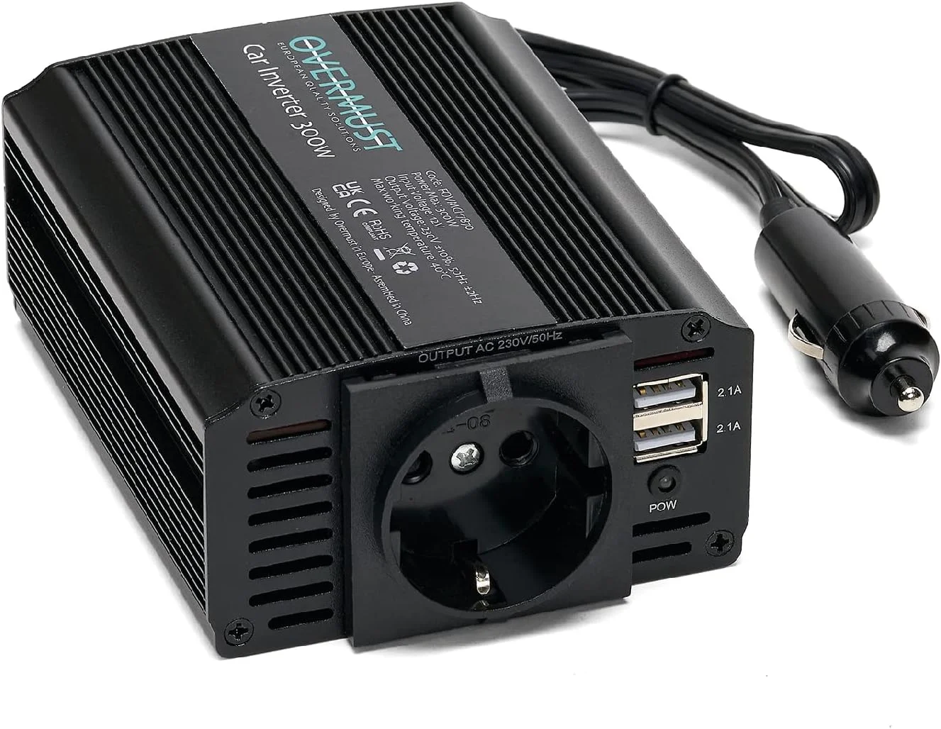 اینورتر خودرو OVERMUST 12v;220v;300W - آداپتور برای دوشاخه خودرو/دوشاخه برق - ترانسفورماتور با پورت USB دوتایی - فن خنک کننده - عملکرد خاموش شدن خودکار - محافظت در برابر اتصال کوتاه و غیره