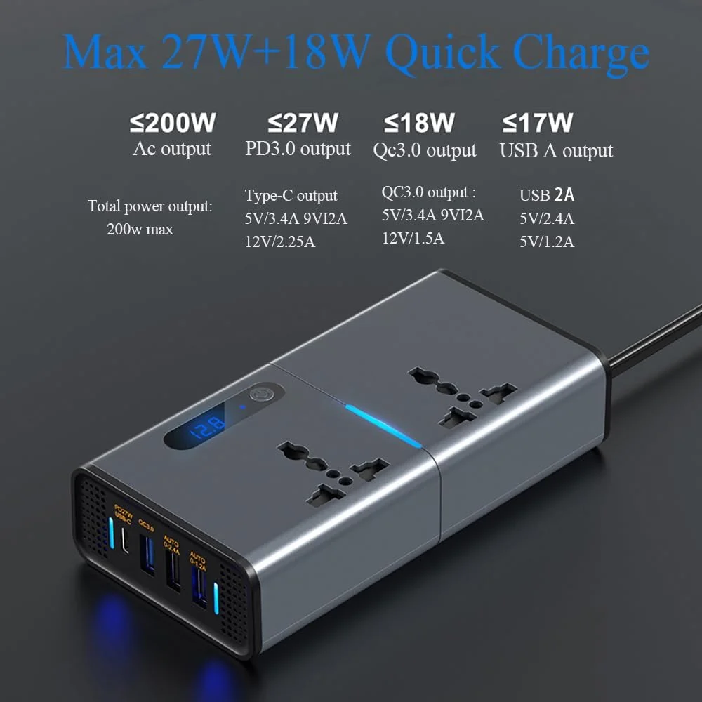 اینورتر برق 200 وات Gwydre، مبدل DC 12/24 ولت به AC 220 ولت، 3 پورت USB و 1 پورت Type-C، دارای کلید و صفحه نمایش LED جریان (خاکستری نقره ای) اینورتر برق 200 وات Gwydre، مبدل DC 12/24 ولت به AC 220 ولت، 3 پورت USB و 1 پورت Type-C، دارای کلید و صفحه نمایش LED جریان (خاکستری نقره ای)