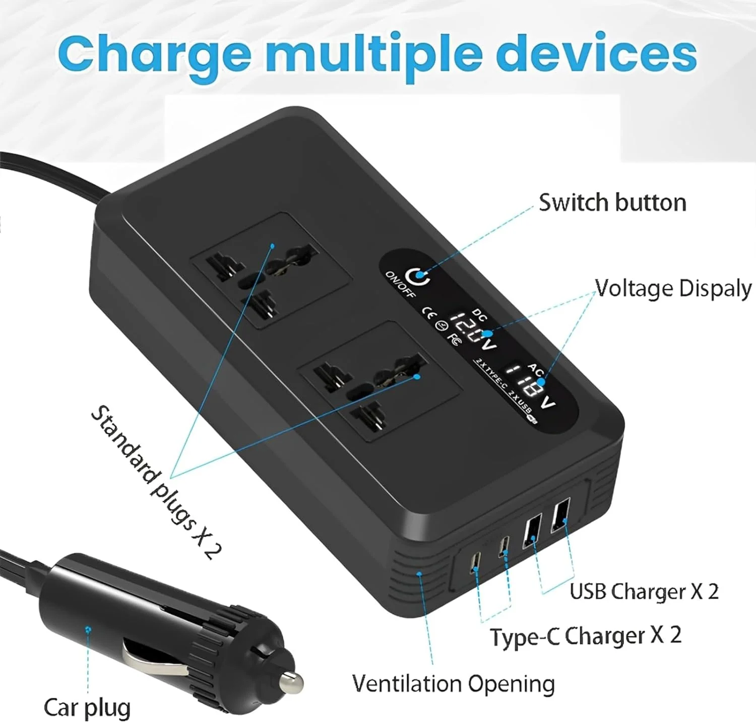 اینورتر برق خودرو 200 وات Gorgeskid - 12 ولت به 220 ولت، 2 خروجی AC، 2 پورت USB (2.4 آمپر هر کدام) و 2 پورت Type-C (25 وات هر کدام) - جمع و جور و قابل حمل برای خودروها، SUVها، کامیون ها و RVها اینورتر برق خودرو 200 وات Gorgeskid - 12 ولت به 220 ولت، 2 خروجی AC، 2 پورت USB (2.4 آمپر هر کدام) و 2 پورت Type-C (25 وات هر کدام) - جمع و جور و قابل حمل برای خودروها، SUVها، کامیون ها و RVها