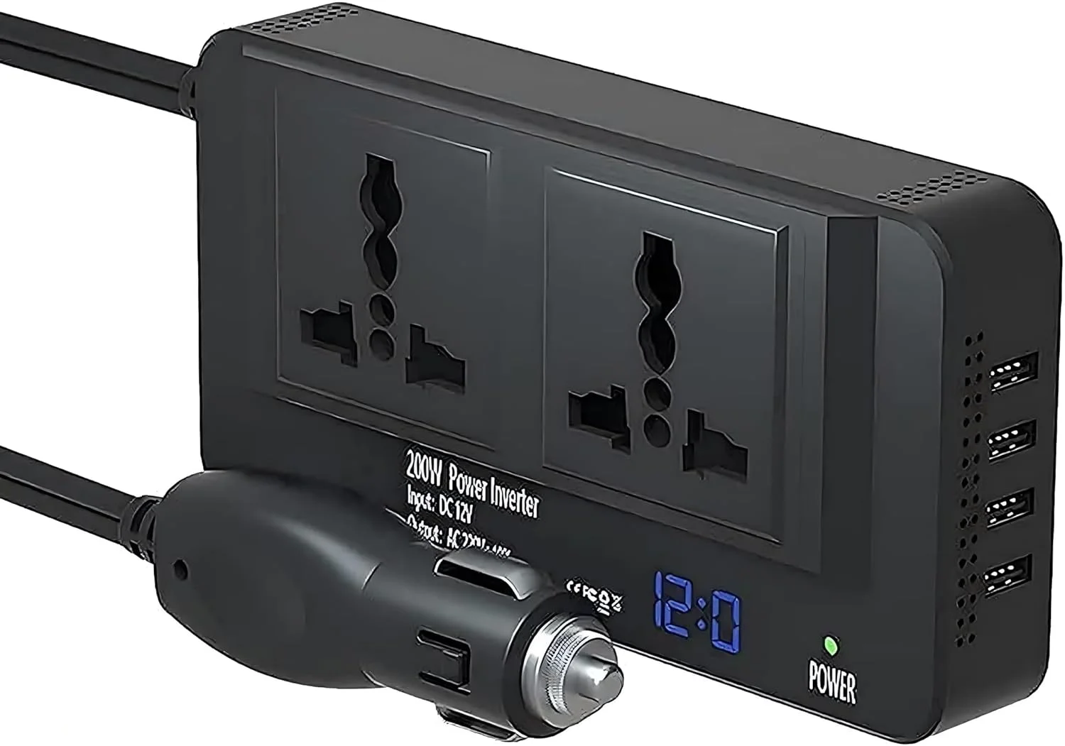اینورتر برق خودرو 200 وات PRITZKER، مبدل DC 12V به AC 220V، شارژر 4 پورت USB، مشکی، 1 عدد