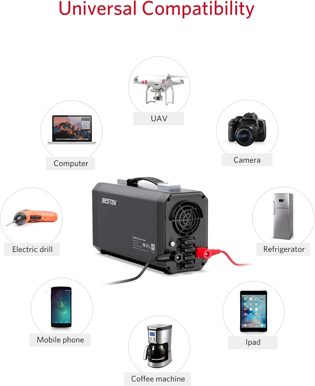 اینورتر خودرو 1200 وات BESTEK، مبدل برق DC 12 ولت به AC 230 ولت با 2 پریز UK، 2 پورت USB و صفحه نمایش LCD برای استفاده در سفر و تعطیلات در فضای باز