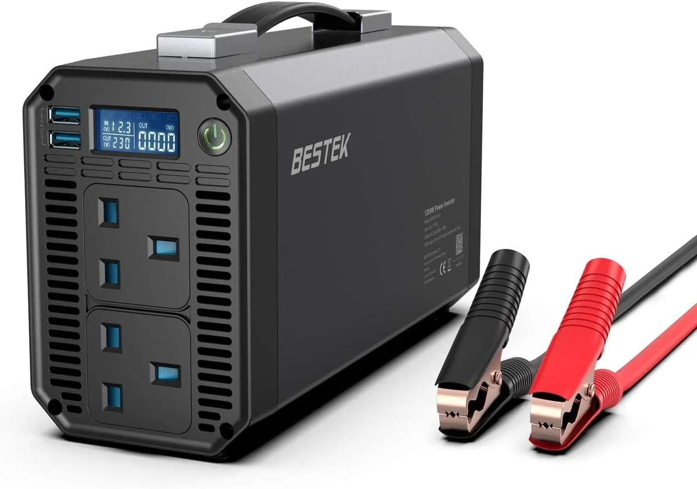 اینورتر خودرو 1200 وات BESTEK، مبدل برق DC 12 ولت به AC 230 ولت با 2 پریز UK، 2 پورت USB و صفحه نمایش LCD برای استفاده در سفر و تعطیلات در فضای باز