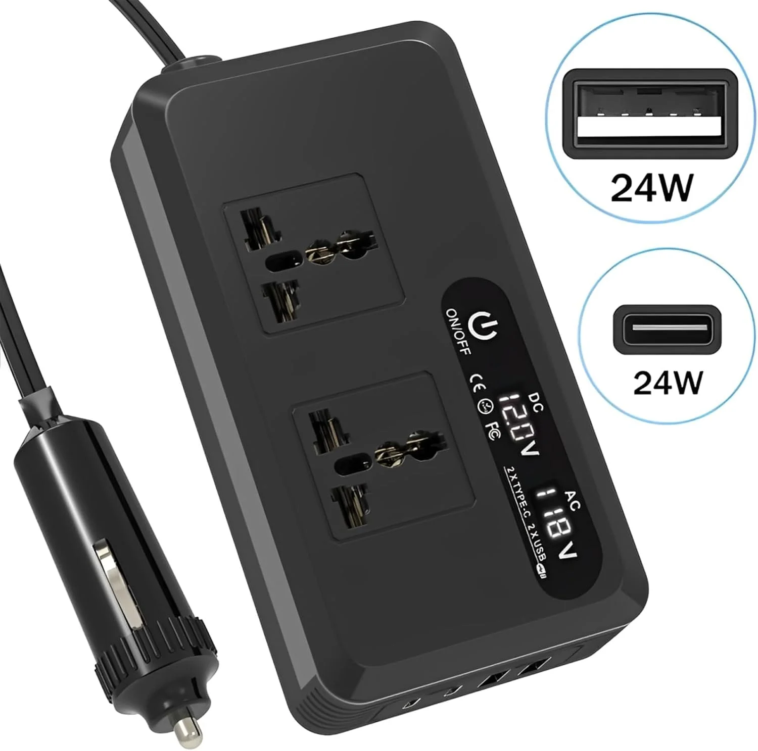 اینورتر برق خودرو 200 وات Gorgeskid - 12 ولت به 220 ولت، 2 خروجی AC، 2 پورت USB (2.4 آمپر هر کدام) و 2 پورت Type-C (25 وات هر کدام) - جمع و جور و قابل حمل برای خودروها، SUVها، کامیون ها و RVها اینورتر برق خودرو 200 وات Gorgeskid - 12 ولت به 220 ولت، 2 خروجی AC، 2 پورت USB (2.4 آمپر هر کدام) و 2 پورت Type-C (25 وات هر کدام) - جمع و جور و قابل حمل برای خودروها، SUVها، کامیون ها و RVها