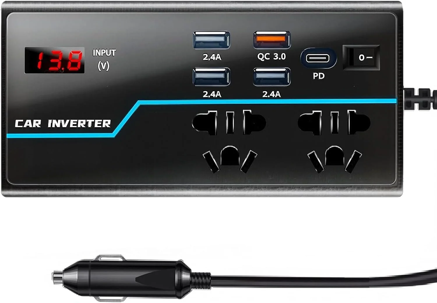 اینورتر برق 200 وات، آداپتور 8 در 1 DC 24V به 220V AC با 4 پورت USB و PD3.0 30W، دو خروجی AC و فندک سیگار 10 آمپر برای لپ تاپ، تلفن، دوربین، لوازم برقی کوچک