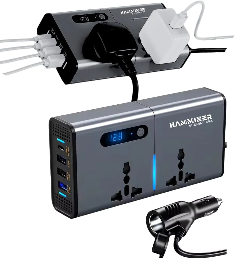 اینورتر برق خودرو 200 واتی HAMMINER™، مبدل DC 12V به AC 220V با 3 پورت USB و 1 پورت Type-C، آداپتور شارژر با دوشاخه فندکی خودرو، دارای کلید و صفحه نمایش LED جریان، مناسب برای خودروهای سواری، شاسی بلند و کامیون