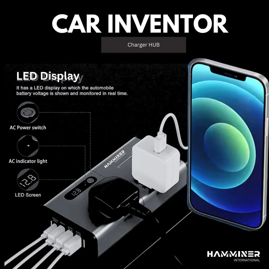 اینورتر برق خودرو 200 واتی HAMMINER™، مبدل DC 12V به AC 220V با 3 پورت USB و 1 پورت Type-C، آداپتور شارژر با دوشاخه فندکی خودرو، دارای کلید و صفحه نمایش LED جریان، مناسب برای خودروهای سواری، شاسی بلند و کامیون اینورتر برق خودرو 200 واتی HAMMINER™، مبدل DC 12V به AC 220V با 3 پورت USB و 1 پورت Type-C، آداپتور شارژر با دوشاخه فندکی خودرو، دارای کلید و صفحه نمایش LED جریان، مناسب برای خودروهای سواری، شاسی بلند و کامیون