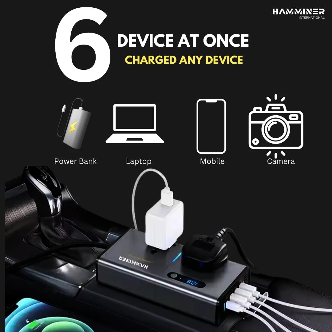 اینورتر برق خودرو 200 واتی HAMMINER™، مبدل DC 12V به AC 220V با 3 پورت USB و 1 پورت Type-C، آداپتور شارژر با دوشاخه فندکی خودرو، دارای کلید و صفحه نمایش LED جریان، مناسب برای خودروهای سواری، شاسی بلند و کامیون اینورتر برق خودرو 200 واتی HAMMINER™، مبدل DC 12V به AC 220V با 3 پورت USB و 1 پورت Type-C، آداپتور شارژر با دوشاخه فندکی خودرو، دارای کلید و صفحه نمایش LED جریان، مناسب برای خودروهای سواری، شاسی بلند و کامیون