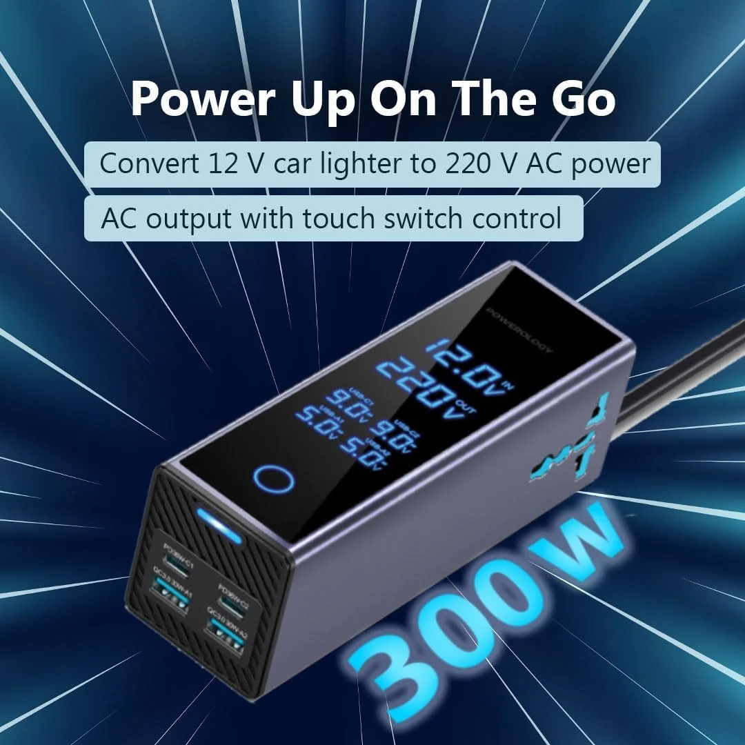 اینورتر برق خودرو پاورولوژی 300 وات، 2 پریز AC، دو پورت USB-C با توان 36 وات PD، دو پورت USB-A با توان 30 وات QC، نمایشگر ولتاژ، خروجی 220 ولت AC، طراحی جمع و جور، محافظت داخلی، مناسب برای SUV، خودرو، کامیون اینورتر برق خودرو پاورولوژی 300 وات، 2 پریز AC، دو پورت USB-C با توان 36 وات PD، دو پورت USB-A با توان 30 وات QC، نمایشگر ولتاژ، خروجی 220 ولت AC، طراحی جمع و جور، محافظت داخلی، مناسب برای SUV، خودرو، کامیون