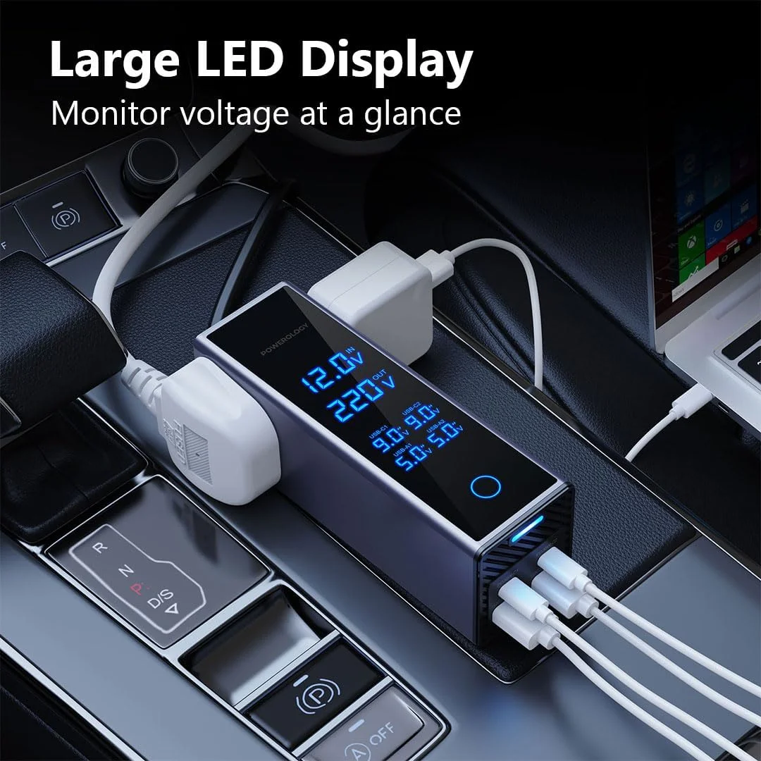 اینورتر برق خودرو پاورولوژی 300 وات، 2 پریز AC، دو پورت USB-C با توان 36 وات PD، دو پورت USB-A با توان 30 وات QC، نمایشگر ولتاژ، خروجی 220 ولت AC، طراحی جمع و جور، محافظت داخلی، مناسب برای SUV، خودرو، کامیون اینورتر برق خودرو پاورولوژی 300 وات، 2 پریز AC، دو پورت USB-C با توان 36 وات PD، دو پورت USB-A با توان 30 وات QC، نمایشگر ولتاژ، خروجی 220 ولت AC، طراحی جمع و جور، محافظت داخلی، مناسب برای SUV، خودرو، کامیون