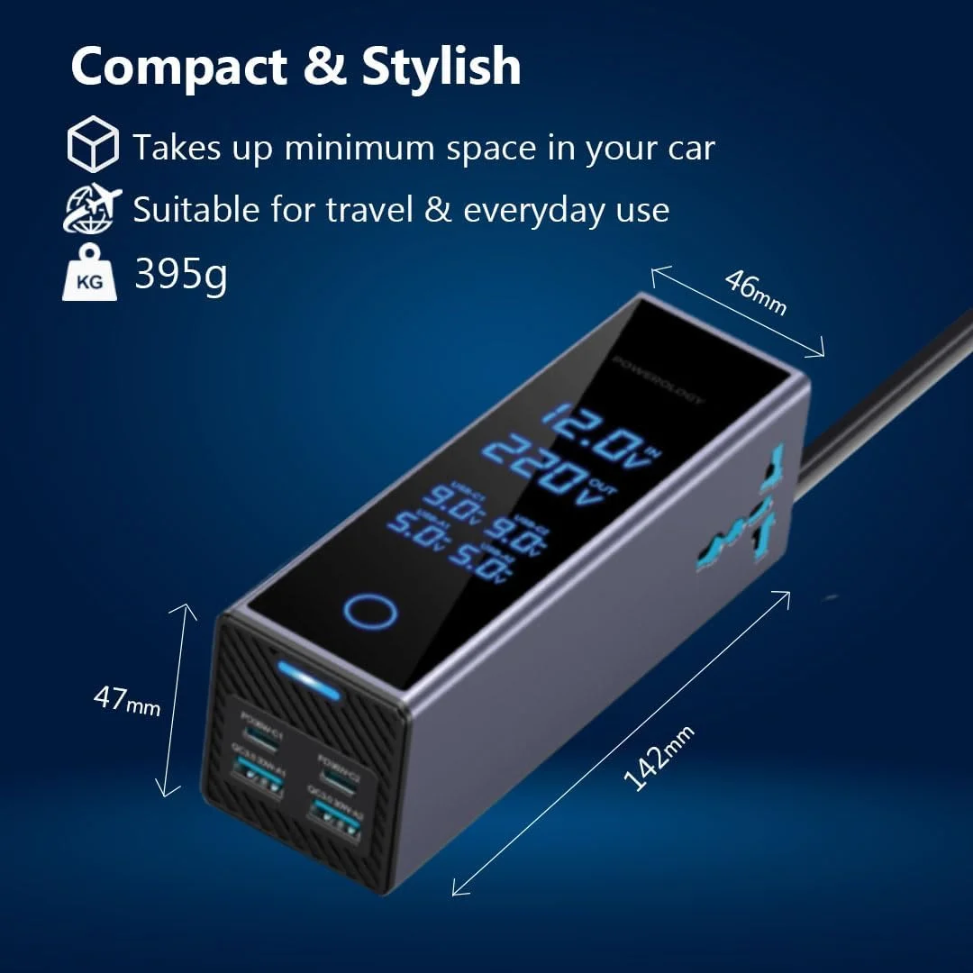 اینورتر برق خودرو پاورولوژی 300 وات، 2 پریز AC، دو پورت USB-C با توان 36 وات PD، دو پورت USB-A با توان 30 وات QC، نمایشگر ولتاژ، خروجی 220 ولت AC، طراحی جمع و جور، محافظت داخلی، مناسب برای SUV، خودرو، کامیون اینورتر برق خودرو پاورولوژی 300 وات، 2 پریز AC، دو پورت USB-C با توان 36 وات PD، دو پورت USB-A با توان 30 وات QC، نمایشگر ولتاژ، خروجی 220 ولت AC، طراحی جمع و جور، محافظت داخلی، مناسب برای SUV، خودرو، کامیون