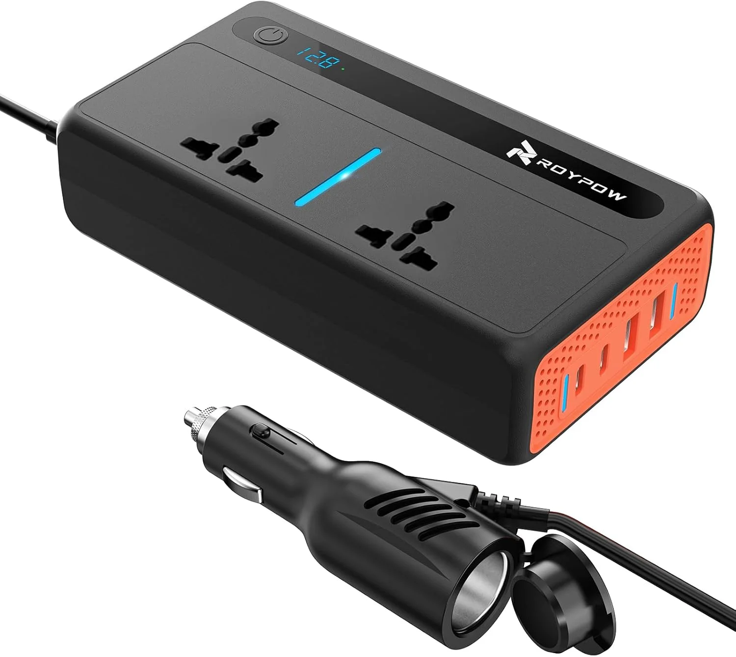 اینورتر برق خودرو RoyPow 300W، اینورتر برق DC 12V به AC 220V با پورت فندکی، آداپتور پریز خودرو با USB-A 3.4A، QC3.0 24W، PD 30W، PD 36W، دو پریز AC، آداپتور شارژر خودرو