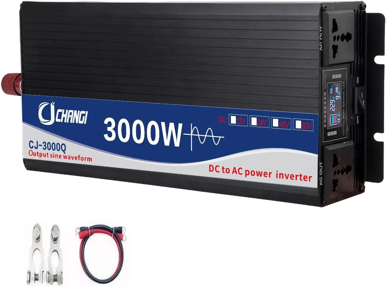 اینورتر برق موج سینوسی خالص JUMEIYP، مبدل DC 12V به AC 220V 230V، اینورتر برق خودرو با 2 خروجی AC و نمایشگر LCD برای RV، کامیون، خورشیدی، کمپینگ، فضای باز، 1600W/3000W (پیک) (3000w-12v)