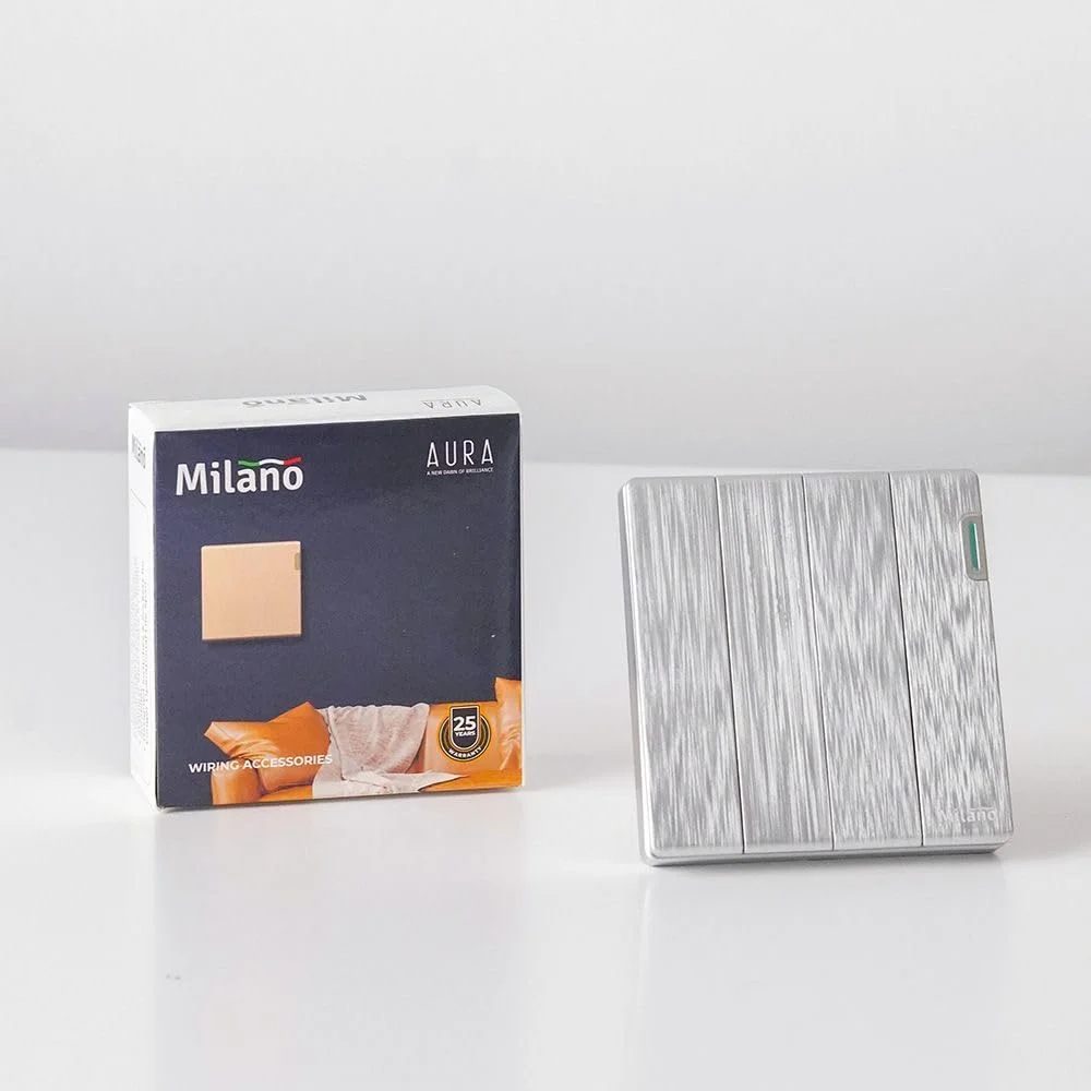 کلید دو طرفه 4 پل 10 آمپر Milano Aura - روکش نقره ای برس خورده | جنس PC مقاوم در برابر آتش/کلید و پریزهای برقی مسی با نقطه نقره ای | لوازم الکترونیکی خانگی - 8.6x9x4 سانتی متر کلید دو طرفه 4 پل 10 آمپر Milano Aura - روکش نقره ای برس خورده | جنس PC مقاوم در برابر آتش/کلید و پریزهای برقی مسی با نقطه نقره ای | لوازم الکترونیکی خانگی - 8.6x9x4 سانتی متر