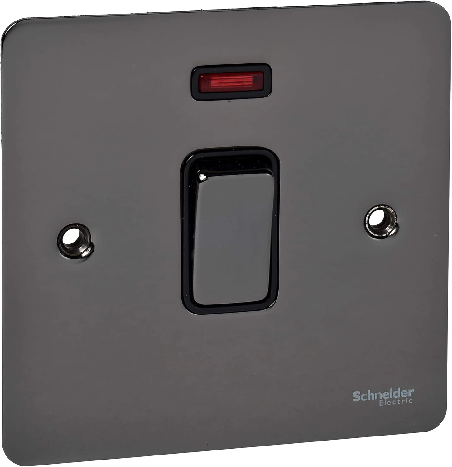 کلید تک پل روشنایی Schneider Electric Ultimate Flat Plate، دارای نشانگر نئون، دو پل، 32 آمپر، GU4231BBN، نیکل مشکی با درج مشکی