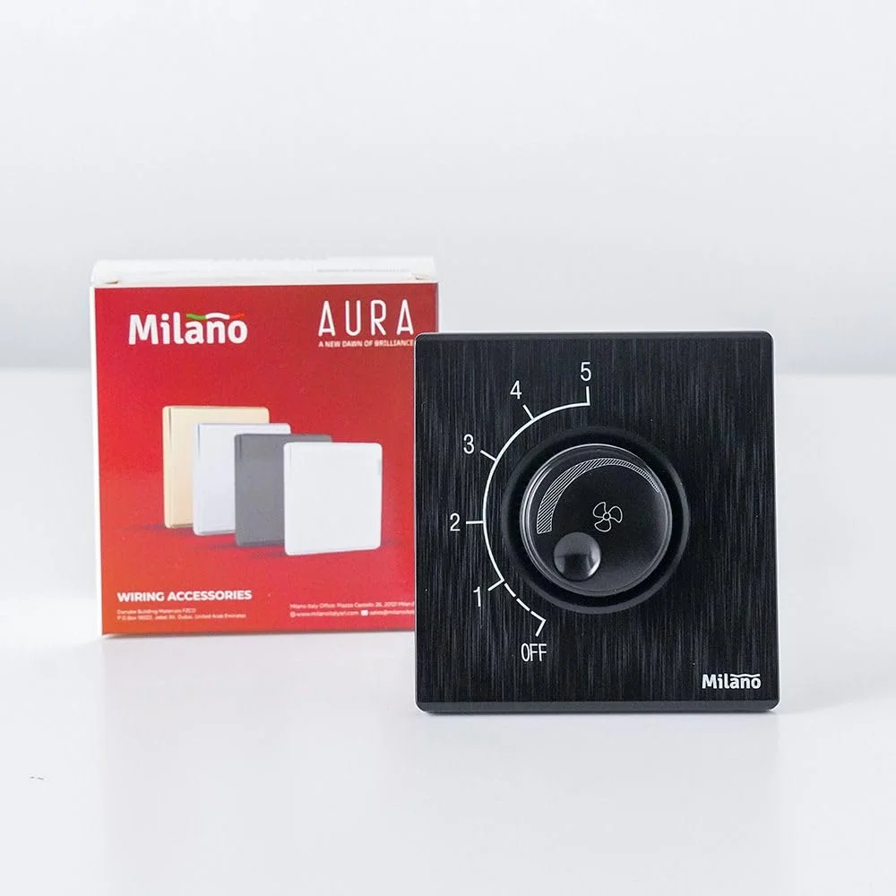 دیمر فن پله ای 500 وات Milano Aura - روکش مشکی برس خورده | جنس PC مقاوم در برابر آتش/کلید و پریزهای الکتریکی مسی با نقطه نقره ای | لوازم جانبی الکترونیکی خانگی - 8.6x9x4 سانتی متر دیمر فن پله ای 500 وات Milano Aura - روکش مشکی برس خورده | جنس PC مقاوم در برابر آتش/کلید و پریزهای الکتریکی مسی با نقطه نقره ای | لوازم جانبی الکترونیکی خانگی - 8.6x9x4 سانتی متر