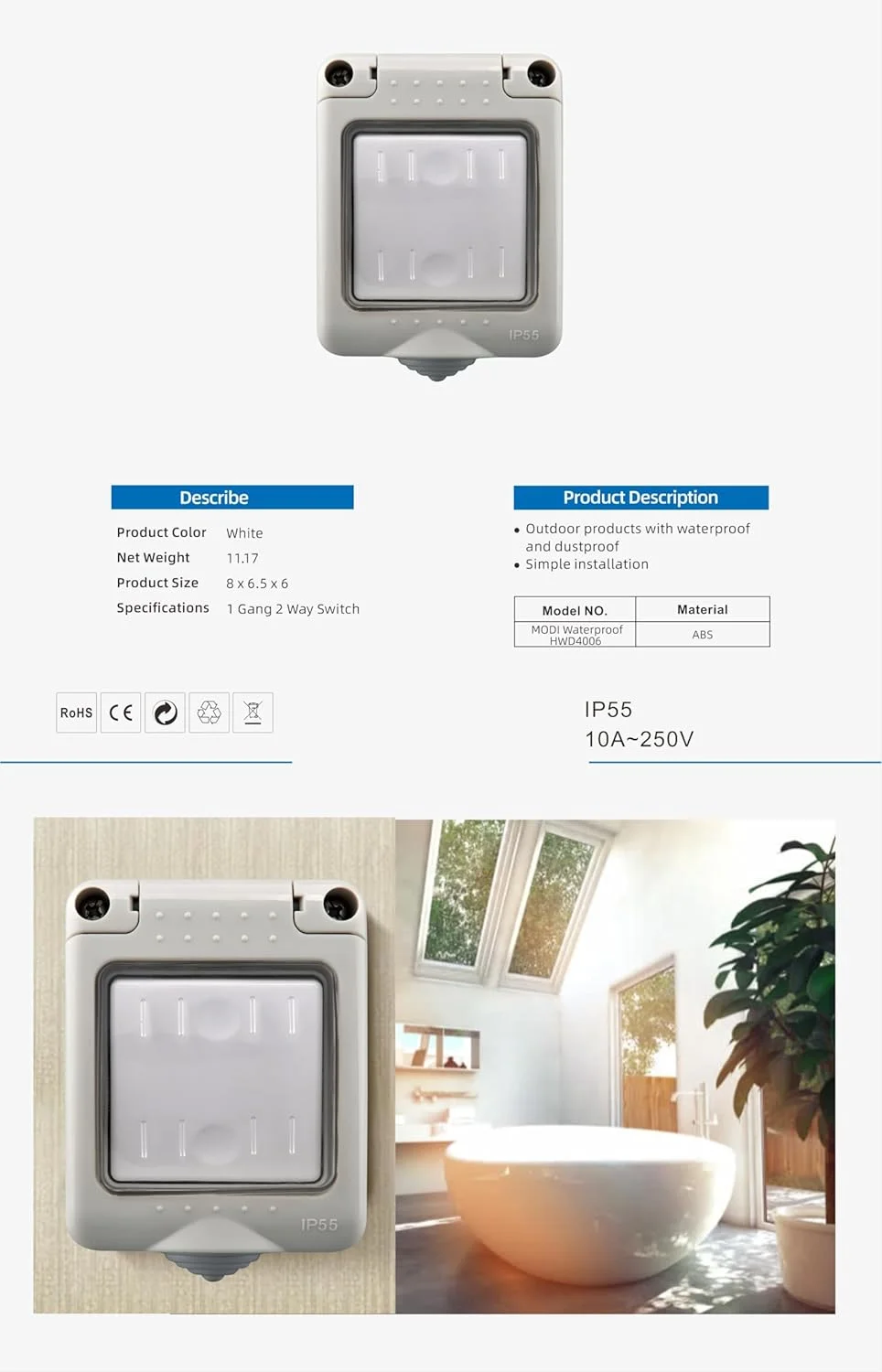 کلید دیواری برقی ضد آب برای فضای باز، دارای استاندارد IP55، کلید روکار ضد گرد و غبار با پوشش محافظ برای باغ، پاسیو، گاراژ و مصارف صنعتی (3 پل) کلید دیواری برقی ضد آب برای فضای باز، دارای استاندارد IP55، کلید روکار ضد گرد و غبار با پوشش محافظ برای باغ، پاسیو، گاراژ و مصارف صنعتی (3 پل)