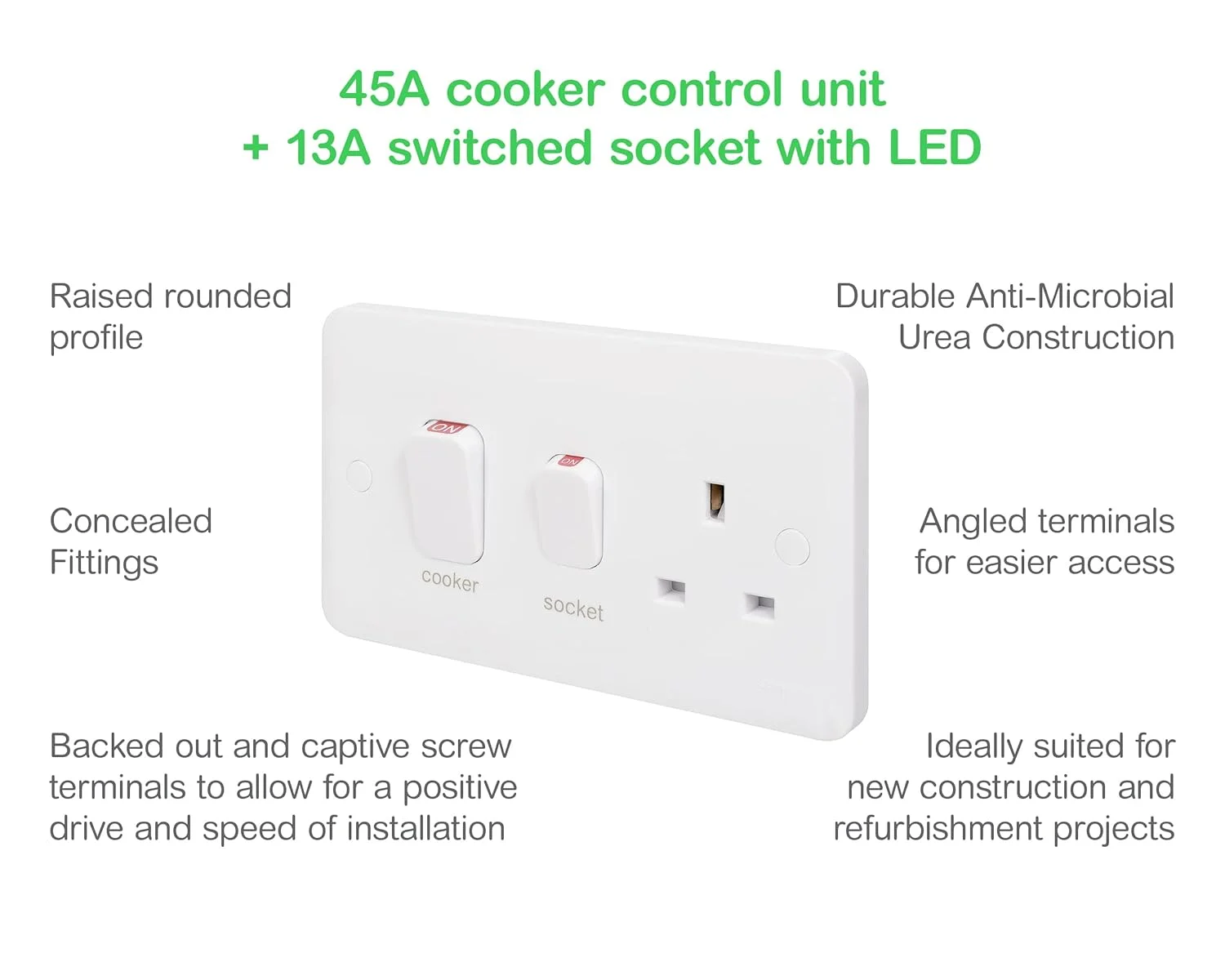 واحد کنترل اجاق گاز 45 آمپر 2 پل Schneider Electric Lisse، قالب گیری شده سفید واحد کنترل اجاق گاز 45 آمپر 2 پل Schneider Electric Lisse، قالب گیری شده سفید