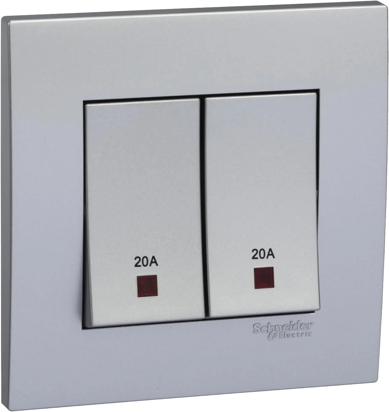 کلید دو پل 20 آمپر 250 ولت دو پل Schneider Electric Vivace با نئون و ارت آلومینیومی نقره ای KB32D20NE_AS