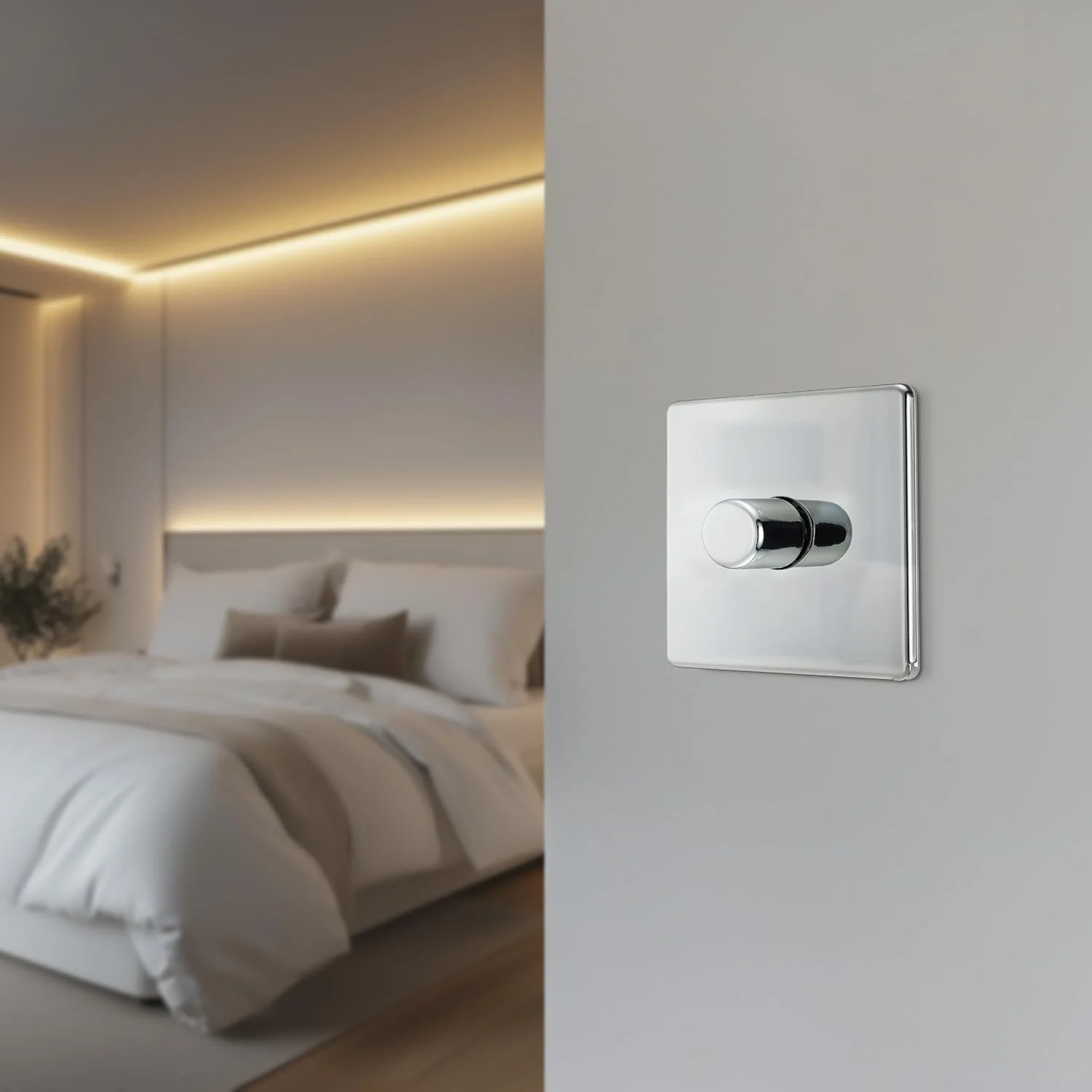 کلید دیمر تک پل هوشمند بدون پیچ BG Electrical، صفحه تخت، کروم براق، دو طرفه