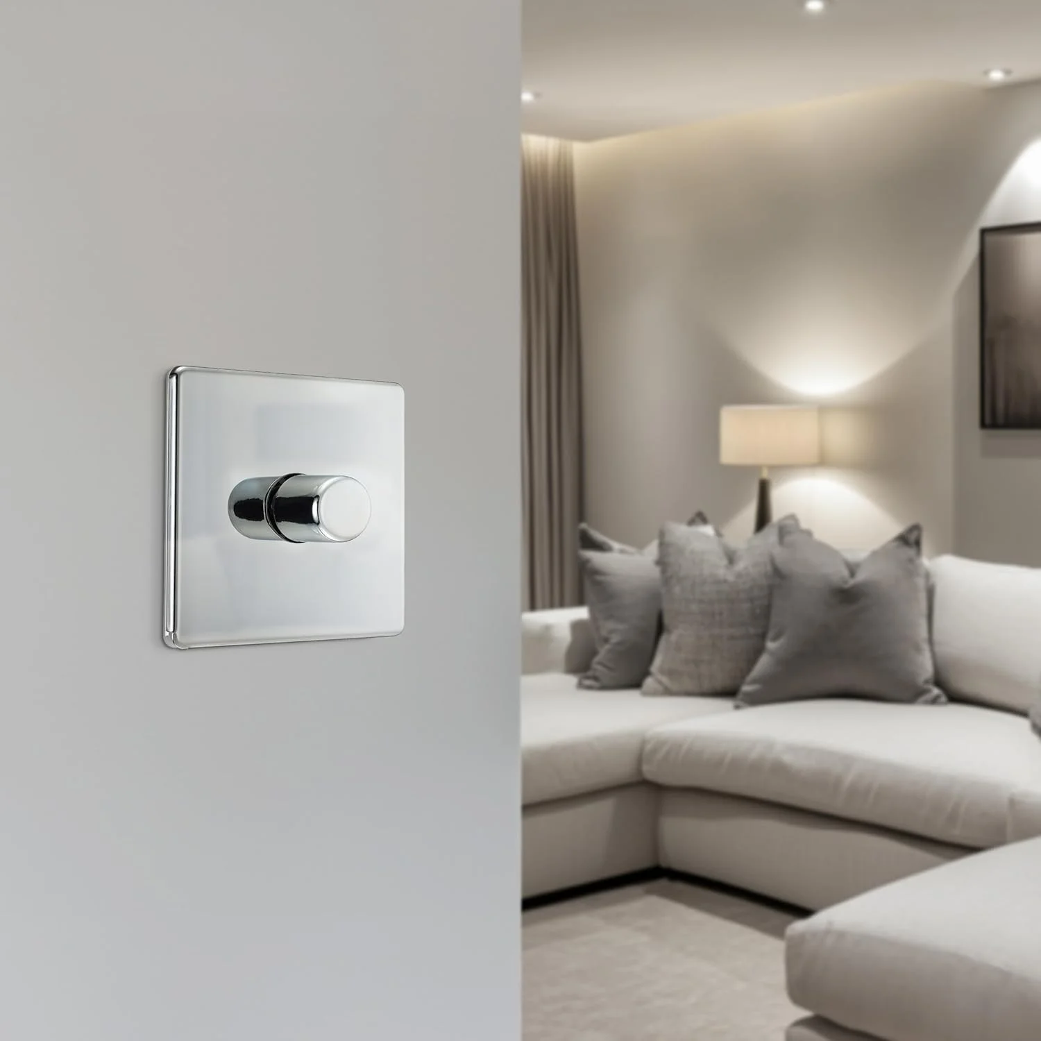 کلید دیمر تک پل هوشمند بدون پیچ BG Electrical، صفحه تخت، کروم براق، دو طرفه