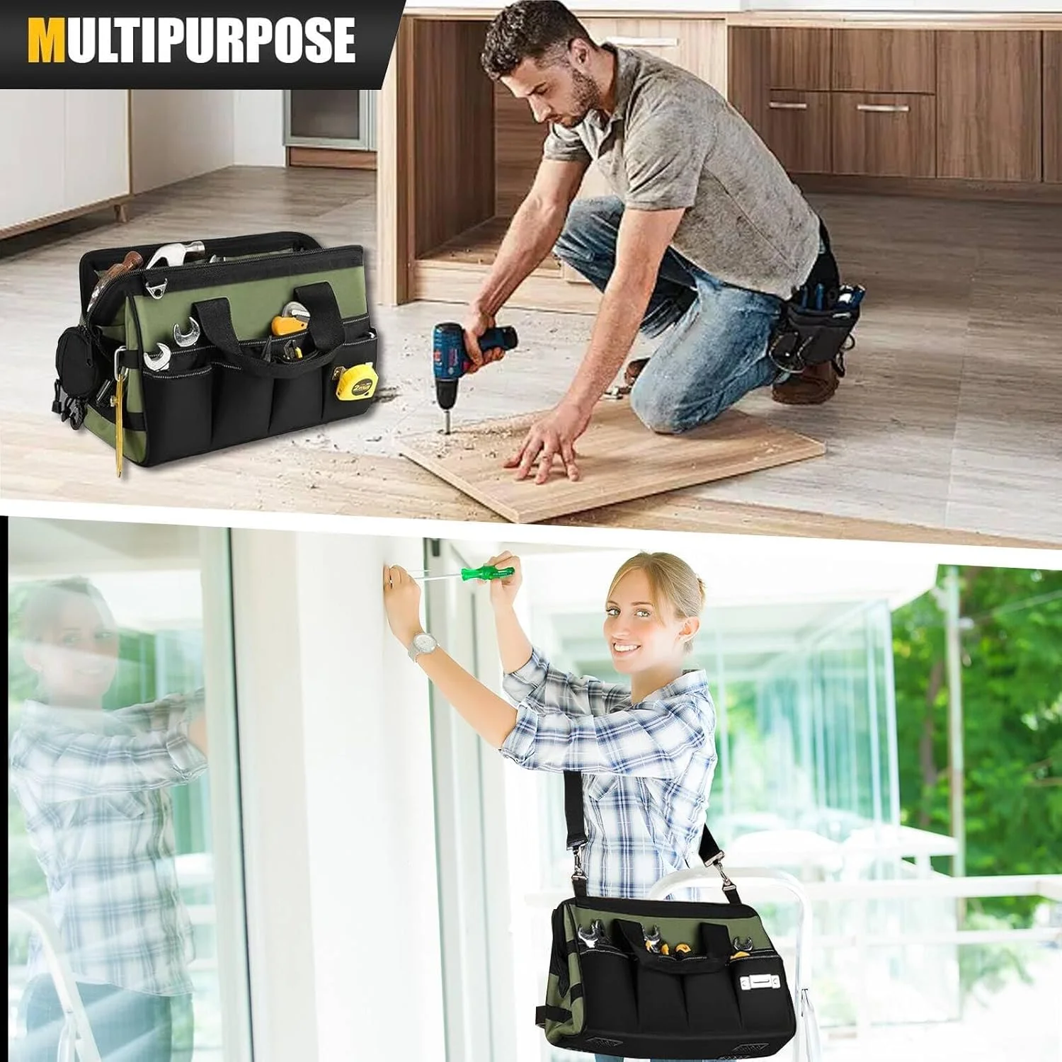 کیف ابزار 40 سانتی متری، جعبه ابزار خالی قابل حمل 16 جیب، سازمان دهنده، سازماندهی جعبه ابزار، کیف ابزار با دسته نرم و زیپ بزرگ، هدیه روز پدر (مشکی کلاسیک/سبز ارتشی) کیف ابزار 40 سانتی متری، جعبه ابزار خالی قابل حمل 16 جیب، سازمان دهنده، سازماندهی جعبه ابزار، کیف ابزار با دسته نرم و زیپ بزرگ، هدیه روز پدر (مشکی کلاسیک/سبز ارتشی)