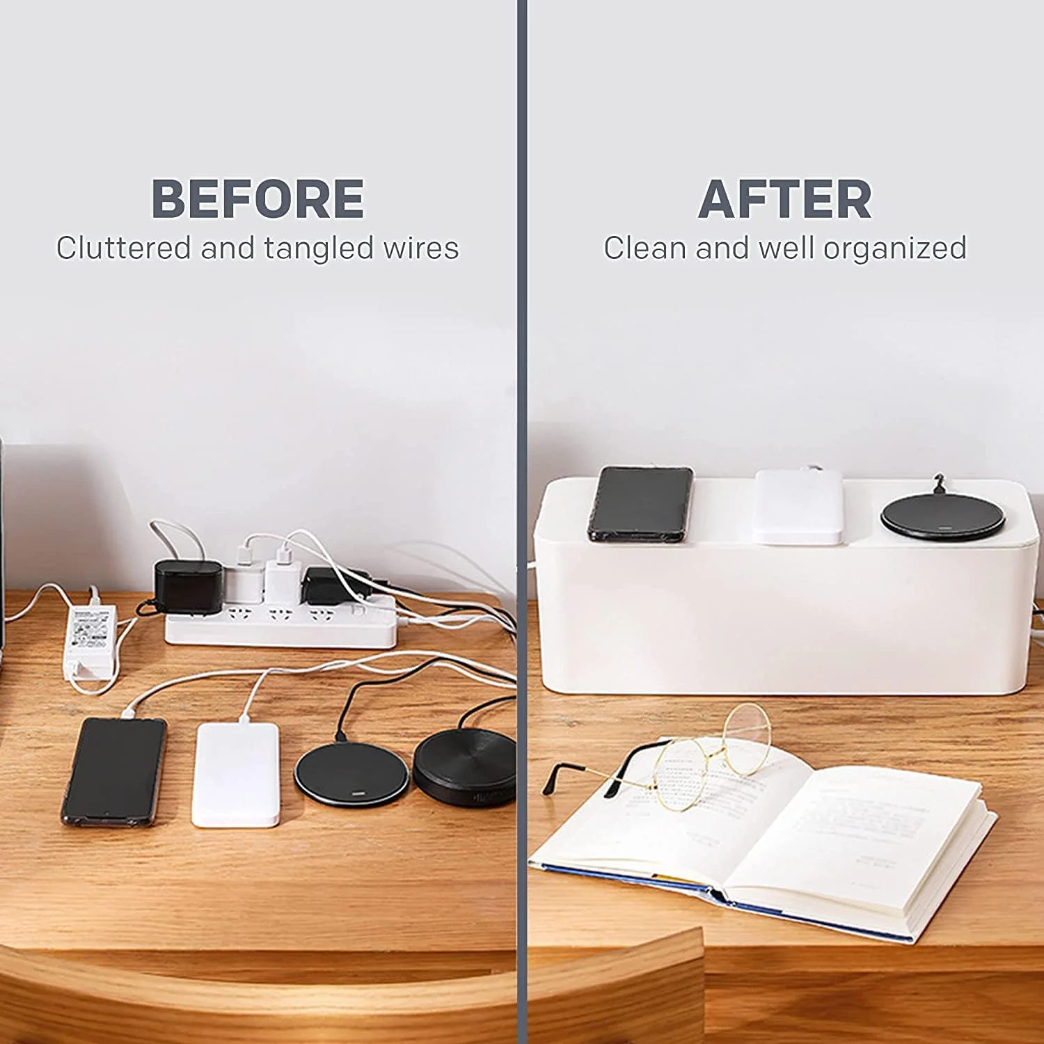 جعبه نظم دهنده کابل SYOSI، جعبه مرتب سازی برای پوشاندن و مخفی کردن سیم برق، نوار برق و سیم سیار، ذخیره سازی کوچک و بزرگ برای میز، کنار تخت، حمام، مجموعه 2 عددی