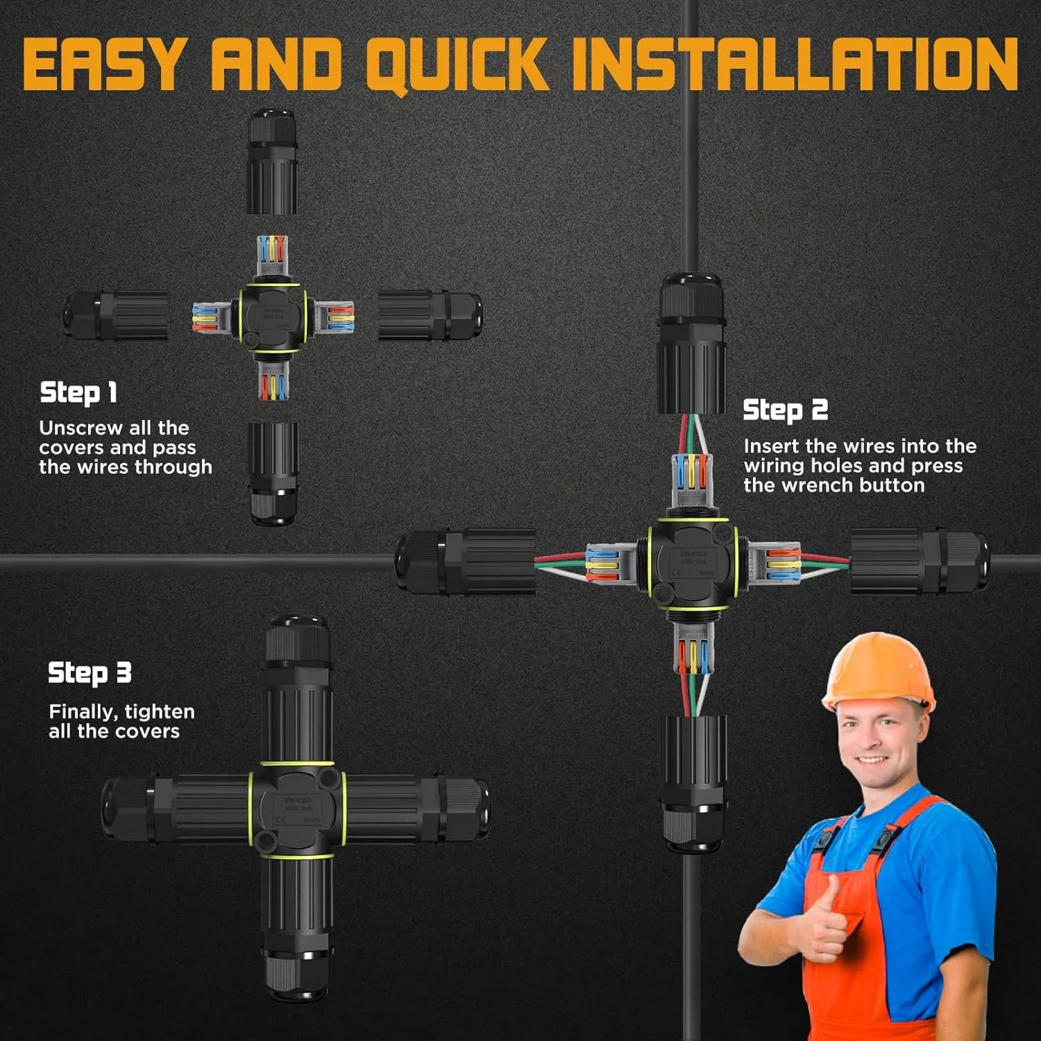 جعبه تقسیم آزونی 4 راهه 3 پین IP68 ضد آب، اتصال دهنده کابل بدون پیچ، اتصال دهنده سیم زیرزمینی P25 برای محدوده سیم Ø5-9mm (AC 450V, 16A) مناسب برای کیت تعمیر سیم رابط