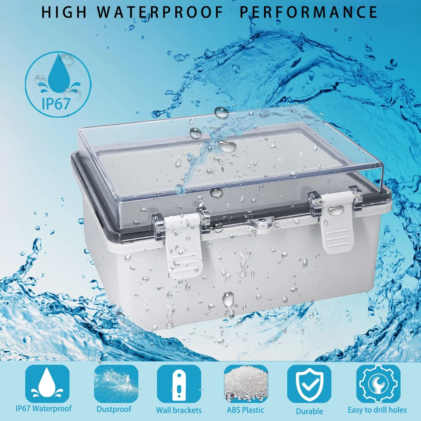 جعبه تقسیم برق ضد آب YETLEBOX، جعبه اتصال برق بیرونی ضد آب IP67، محفظه پلاستیکی ABS، جعبه پروژه روتر سوئیچ با پوشش شفاف و براکت دیواری 8.7"x6.7"x4.3"