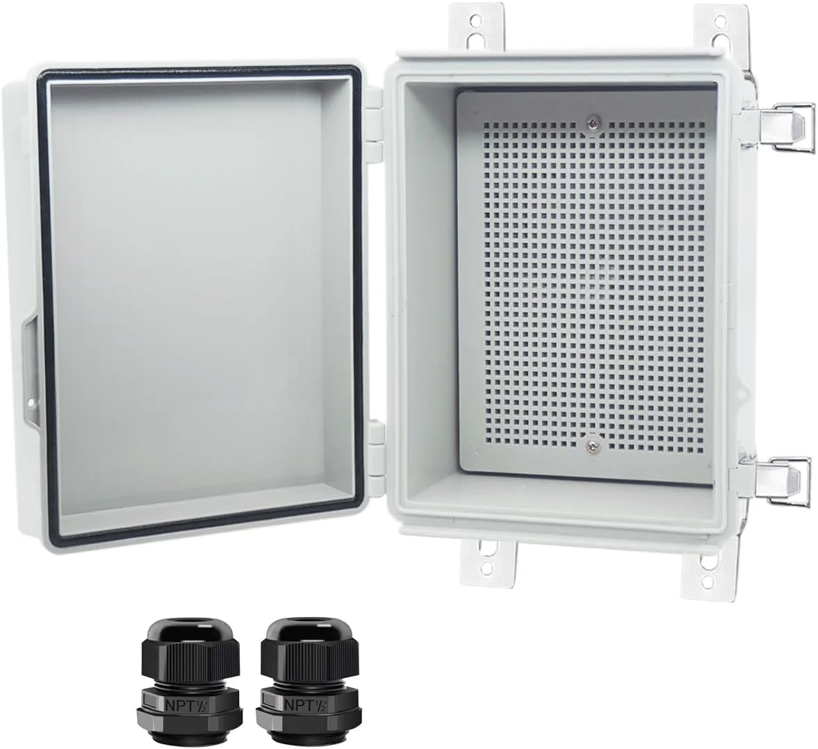 جعبه تقسیم Otdorpatio، درب لولایی قفل استیل ضد زنگ IP67 ضد آب ABS جعبه پروژه با 2 غلاف کابل PG13.5، محفظه جعبه برق با صفحه نصب و براکت دیواری 8.7 x 6.7 x 4.3 اینچ