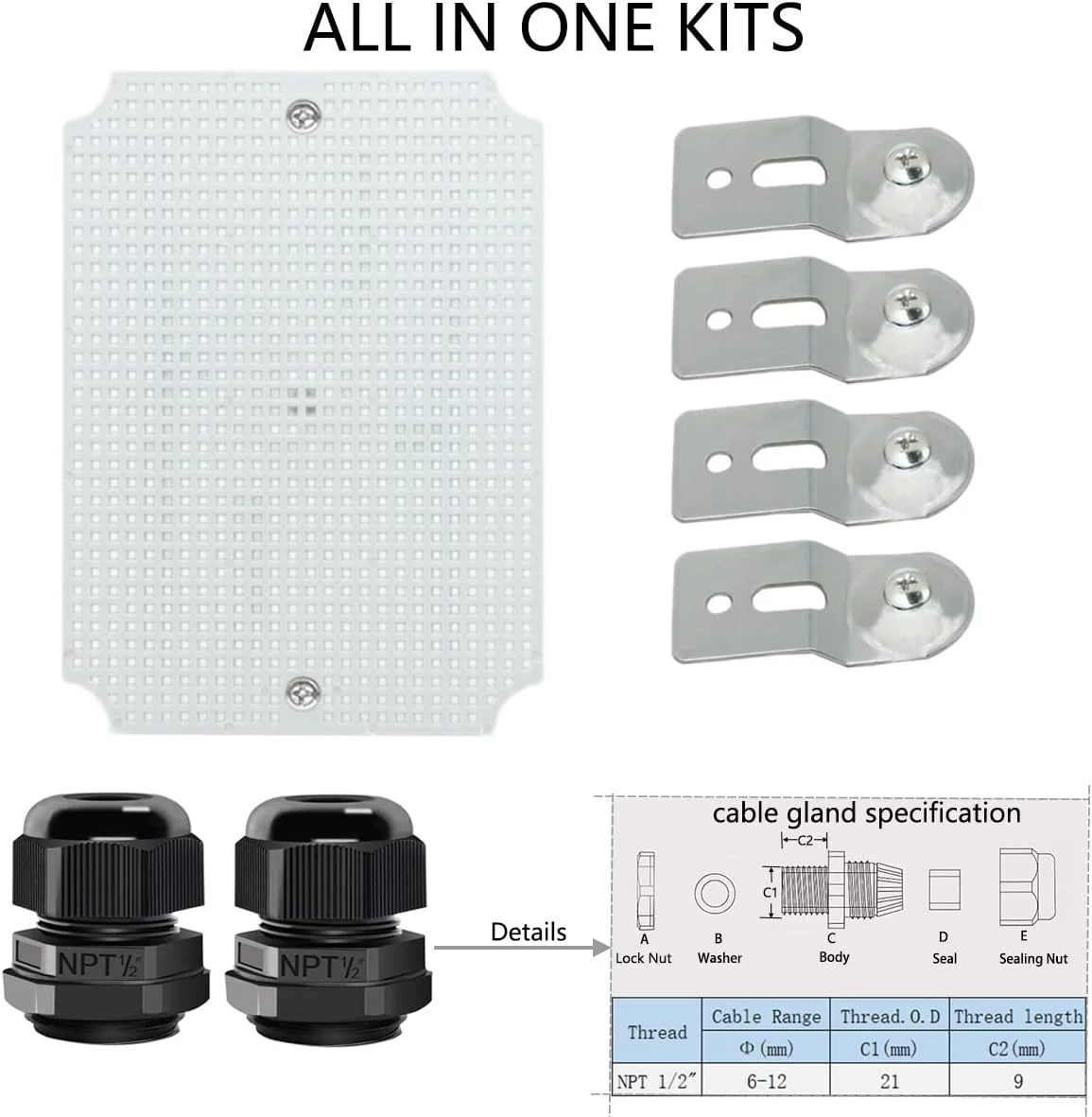 جعبه تقسیم Otdorpatio، درب لولایی قفل استیل ضد زنگ IP67 ضد آب ABS جعبه پروژه با 2 غلاف کابل PG13.5، محفظه جعبه برق با صفحه نصب و براکت دیواری 8.7 x 6.7 x 4.3 اینچ