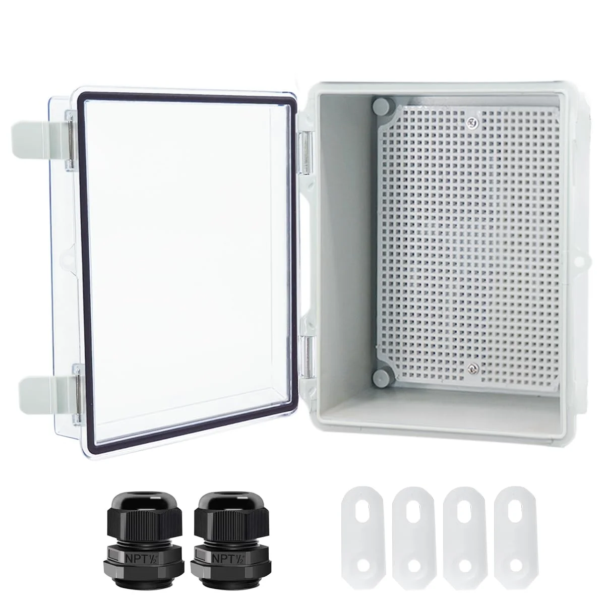 جعبه تقسیم Otdorpatio، جعبه پروژه ABS ضد آب IP67 با پوشش شفاف لولایی به همراه 2 عدد گلند کابل NPT 1/2 اینچ، محفظه جعبه برق به همراه صفحه نصب و براکت دیواری 220x170x110 میلی متر (8.7 x 6.7 x 4.3 اینچ)