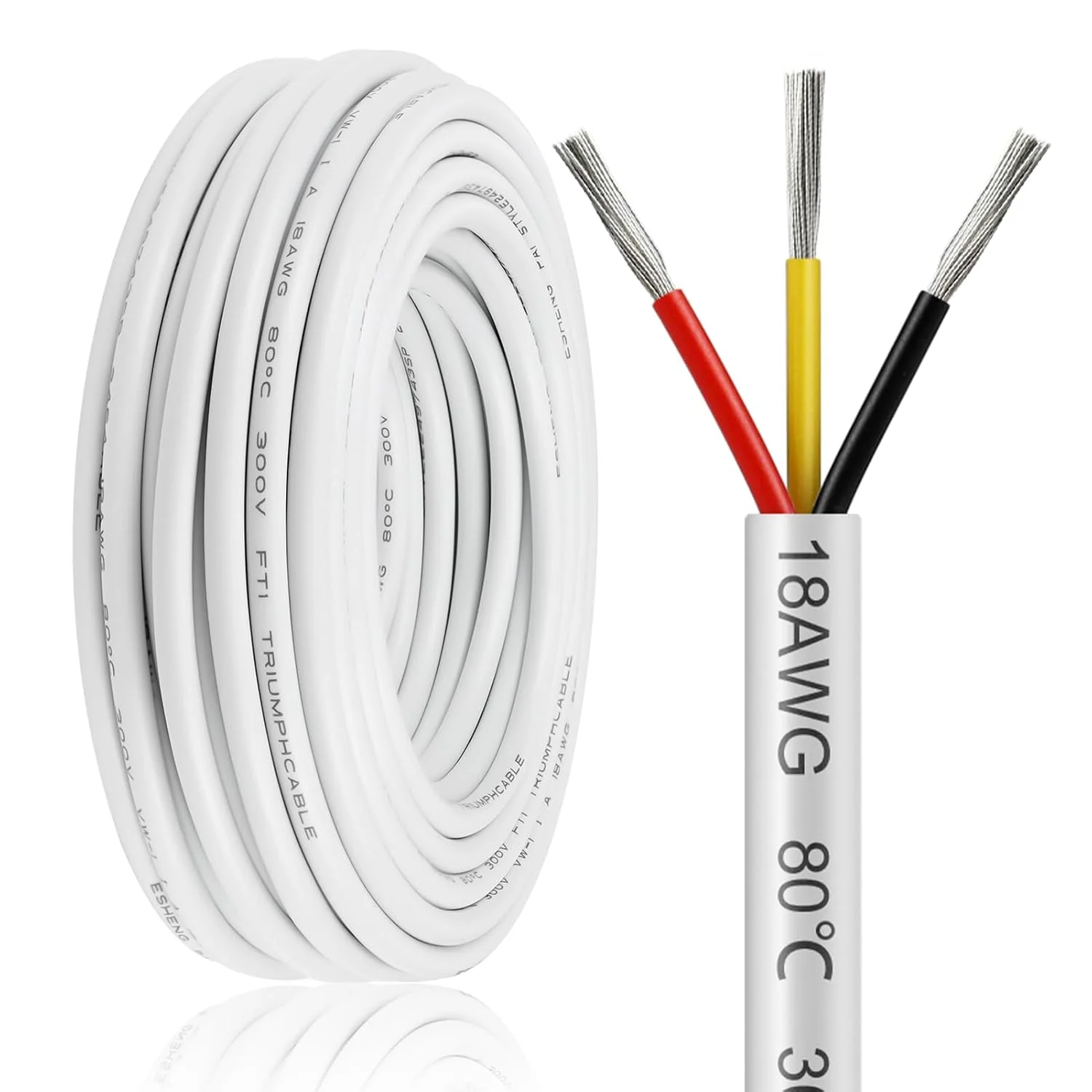 سیم 3 رشته بینگوتک 50 فوت گیج 18، سیم برق 18AWG، سیم مسی قلع اندود شده بدون اکسیژن 18/3، کابل کم ولتاژ عایق برای چراغ های LED و خودرو